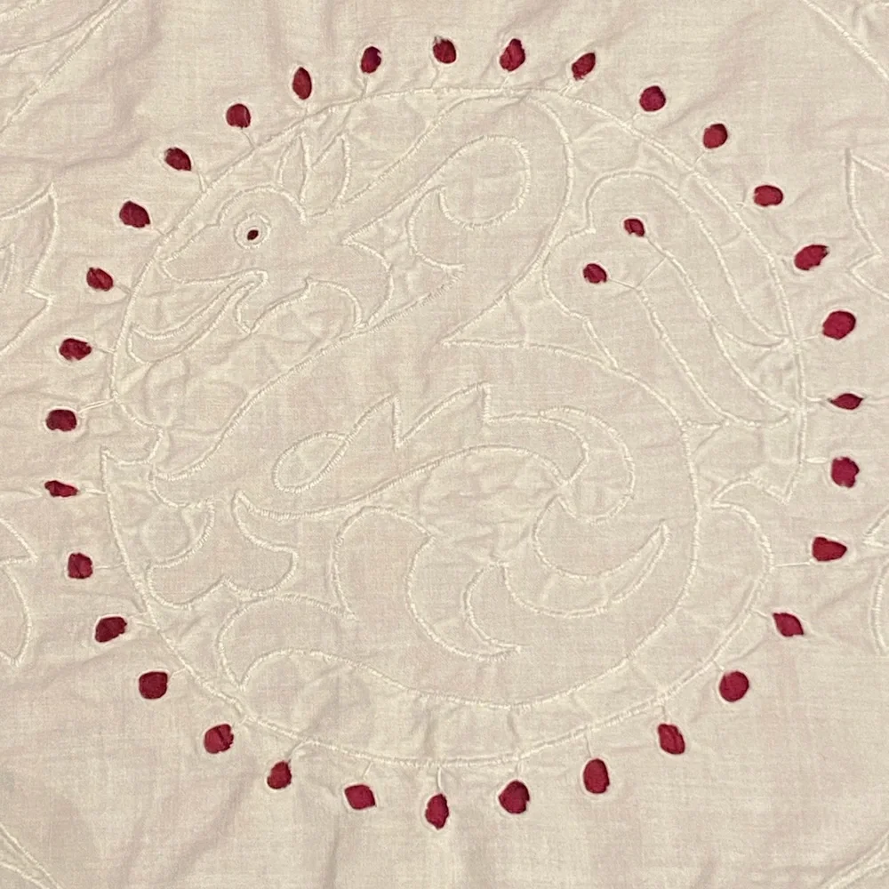 Vintage Early 1900s Embroidered Belgian Dresser Mat with Dragon and Flowers
